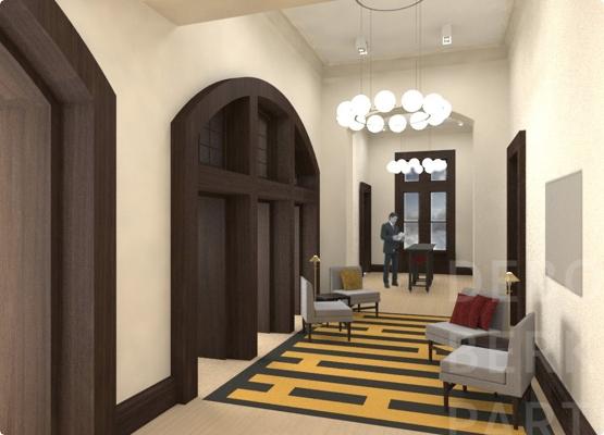 hall with large archways modern furniture