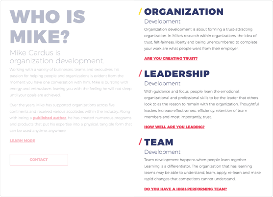 Screenshot of Mike Cardus contact page on website.