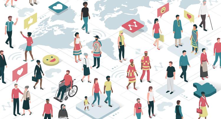 Illustration of world map and multicultural persons