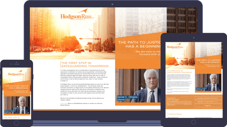 computer phone ipad mockup of website homepage lawfirm orange white