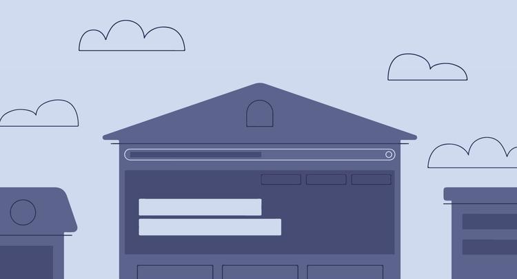 Graphic with Blue Home Illustration and Search bar