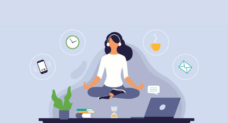 Illustration of a woman sitting crosslegged with laptop clock coffee and mail graphics around her