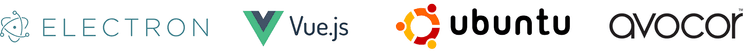 Electron, Vue.js, Ubuntu, and Avocor logos