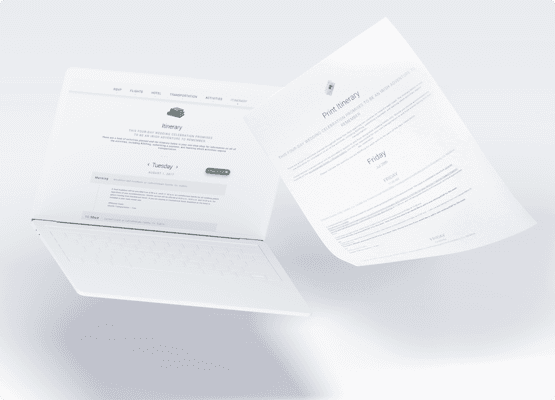 open computer and piece of paper with itinerary page floating white