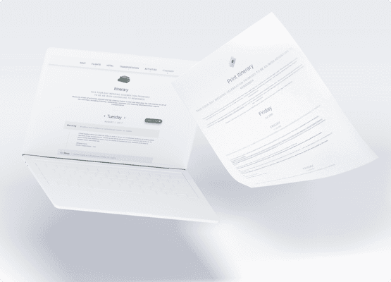 open computer and piece of paper with itinerary page floating white