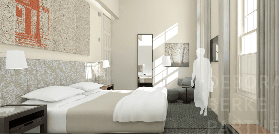 hotel room with layers of prints and fabrics greys whites tall ceiling