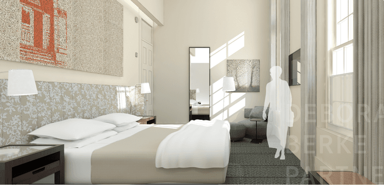 hotel room with layers of prints and fabrics greys whites tall ceiling