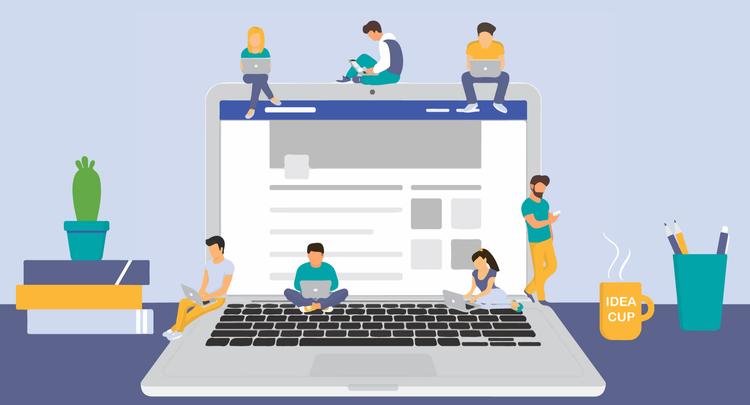 Illustration of desk with laptop and small people