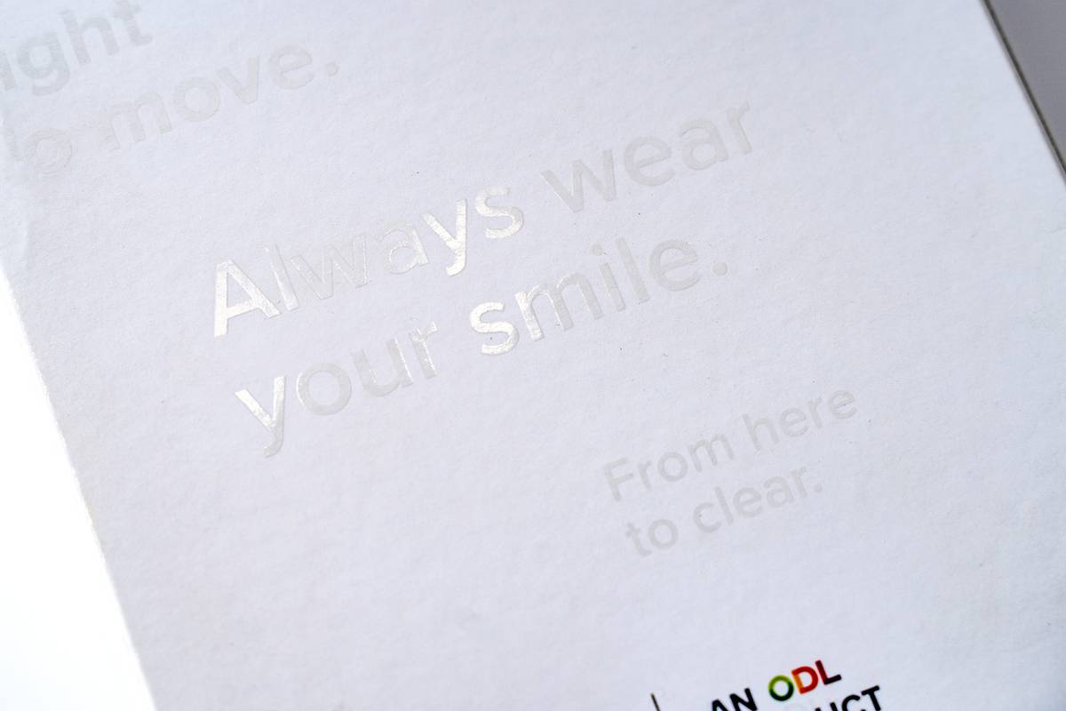Detail shot of UV gloss on outer sleeve of packaging