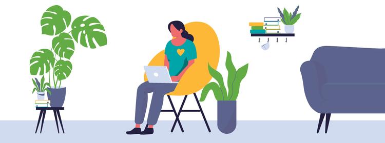 Illustration of a woman sitting down with a laptop surrounded by plants
