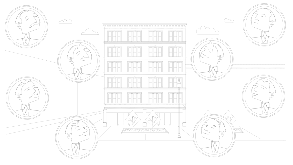 pencil sketch of building with portraits of men in circles around it