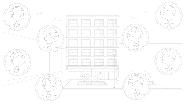 pencil sketch of building with portraits of men in circles around it