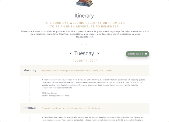 itinerary page with times and text describing events