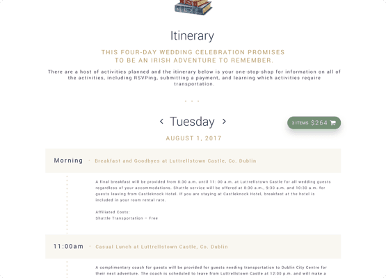 itinerary page with times and text describing events